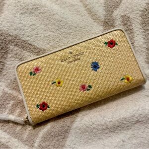 Kate Space Staci Large Continental Wallet Wicker Clutch Gold Accents Flowers